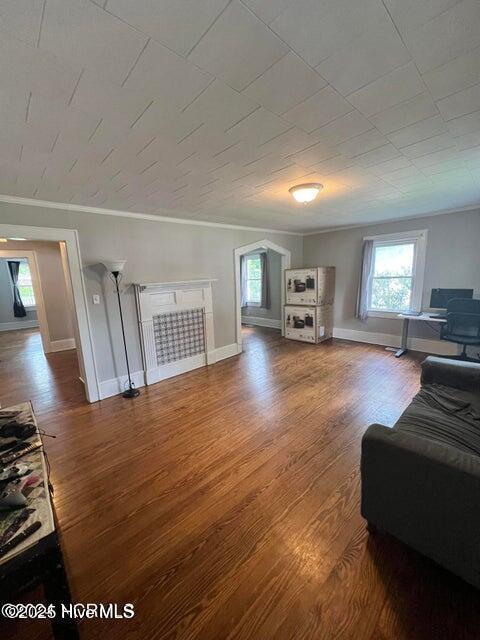 living room featuring baseboards, wood finished floors, and ornamental molding