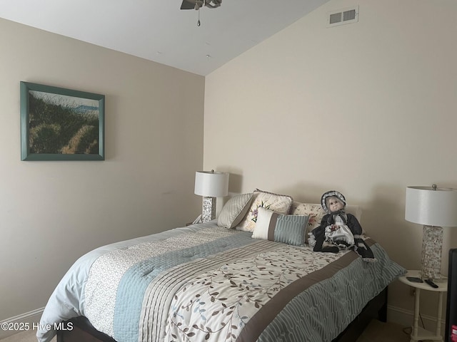 bedroom featuring visible vents, lofted ceiling, baseboards, and ceiling fan