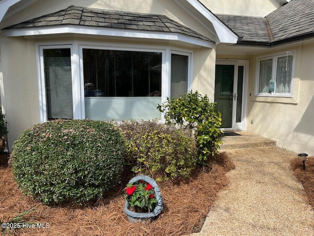 property entrance featuring roof with shingles and stucco siding