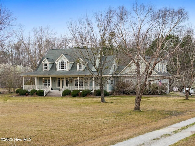 cape cod home with a front yard and covered porch