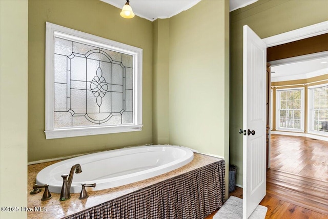 bathroom featuring a garden tub and wood finished floors