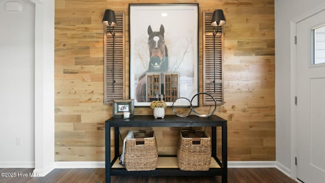 details featuring wood walls, baseboards, and wood finished floors