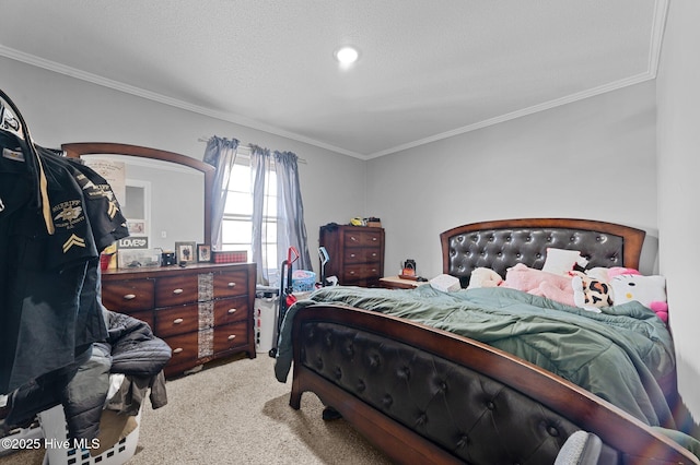 carpeted bedroom with a textured ceiling and ornamental molding