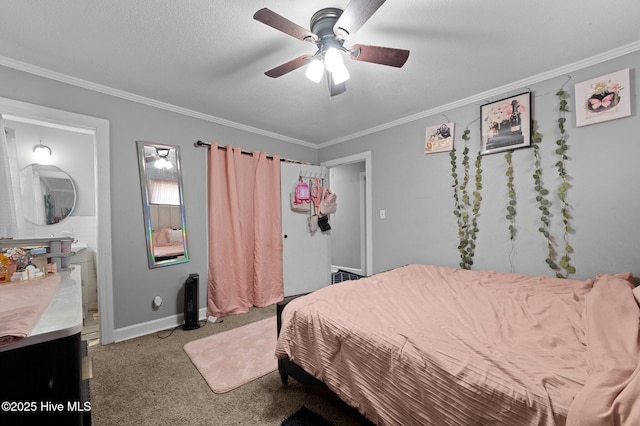 bedroom featuring ornamental molding, ceiling fan, baseboards, and carpet floors