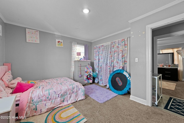 carpeted bedroom featuring baseboards and ornamental molding