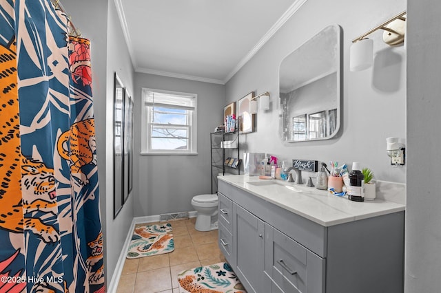 full bath with crown molding, baseboards, toilet, tile patterned floors, and vanity