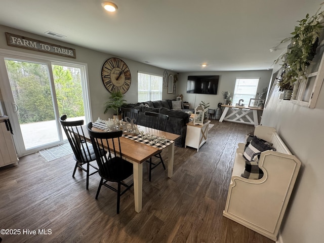 dining room with visible vents and dark wood-type flooring