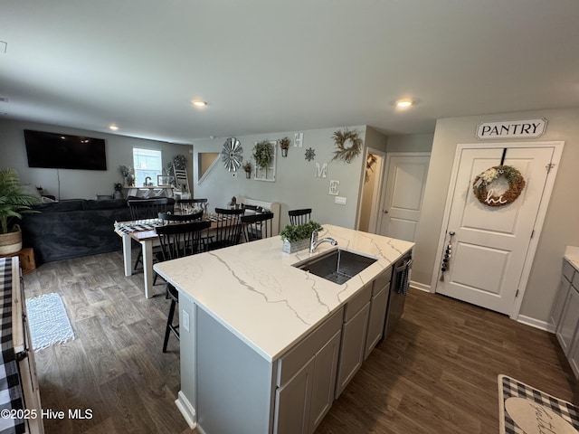 kitchen featuring a sink, gray cabinets, and dark wood-style flooring