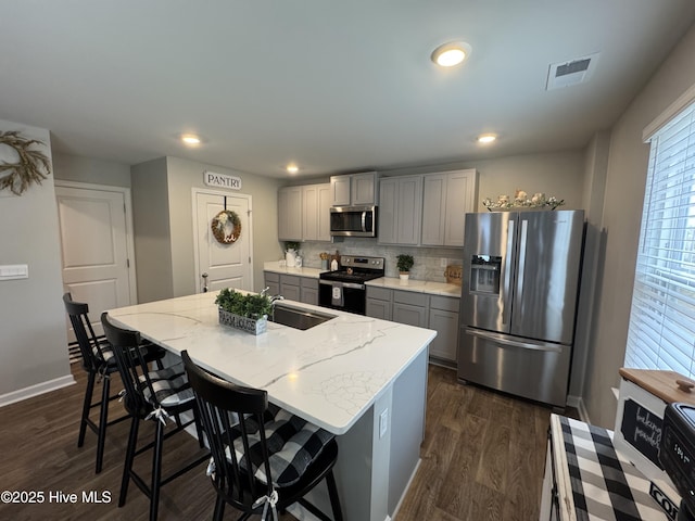 kitchen with stainless steel appliances, visible vents, dark wood-style floors, and gray cabinets