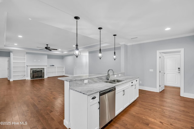 1115 Eldora Ct, Leland, NC 28451 - kitchen with stainless steel dishwasher, a sink, ornamental molding, a ceiling fan, and decorative light fixtures