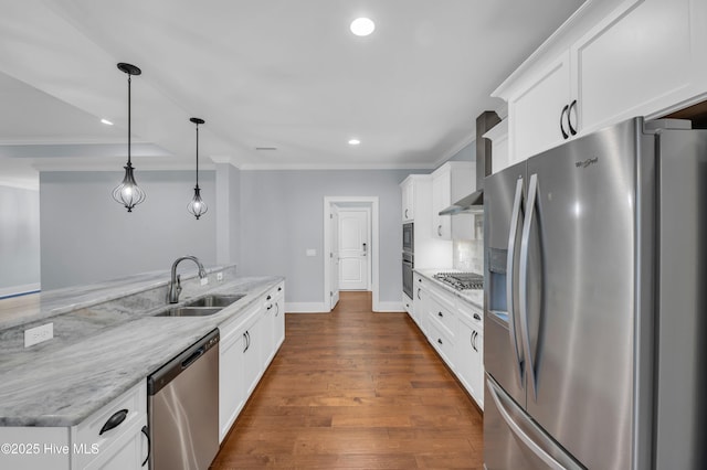 1115 Eldora Ct, Leland, NC 28451 - kitchen featuring appliances with stainless steel finishes, a sink, crown molding, recessed lighting, and wall chimney range hood