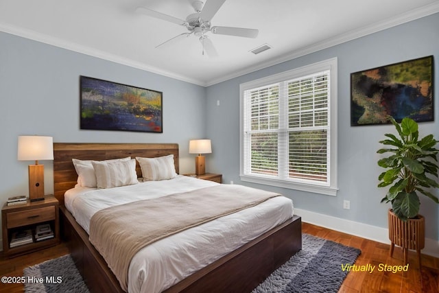 1115 Eldora Ct, Leland, NC 28451 - bedroom featuring ornamental molding, baseboards, wood finished floors, and ceiling fan