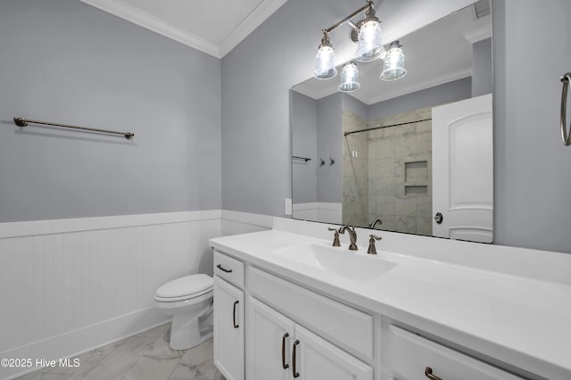 1115 Eldora Ct, Leland, NC 28451 - bathroom featuring marble finish floors, vanity, toilet, tiled shower, and ornamental molding