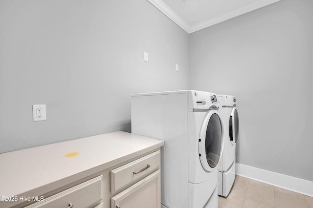 1115 Eldora Ct, Leland, NC 28451 - washroom featuring washing machine and dryer, crown molding, baseboards, and cabinet space