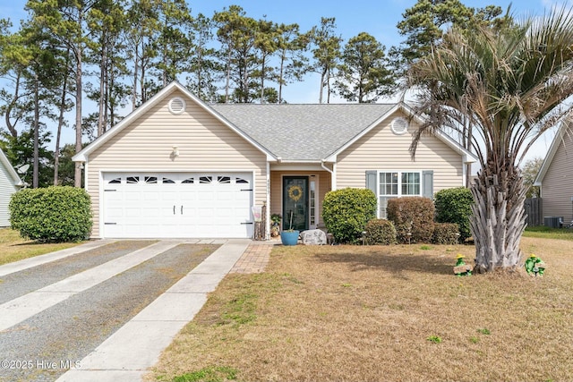 single story home with a garage, a front yard, roof with shingles, and driveway