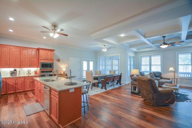 kitchen with open floor plan, appliances with stainless steel finishes, a ceiling fan, and a sink