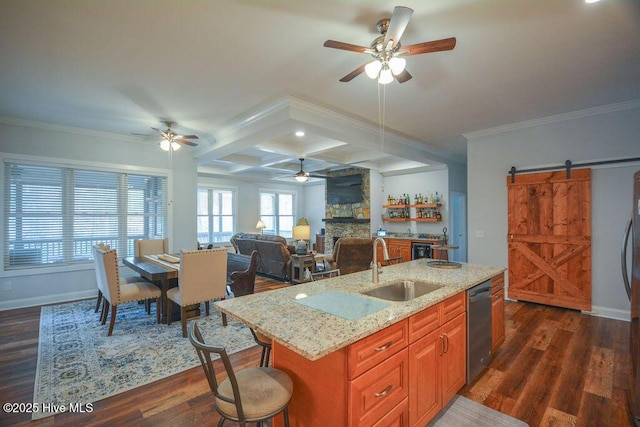 kitchen featuring dark wood finished floors, stainless steel dishwasher, ceiling fan, and a sink