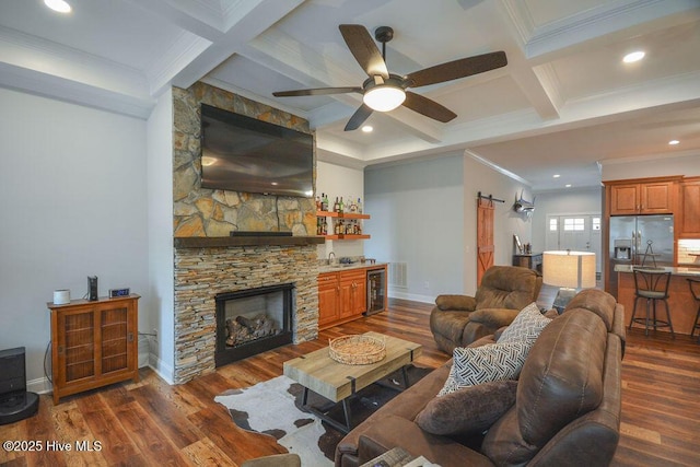 living area with wine cooler, coffered ceiling, ceiling fan, and dark wood-style flooring