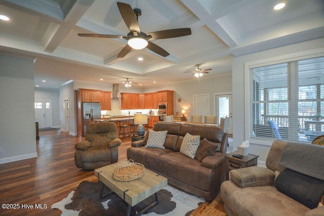 living area featuring a ceiling fan, baseboards, coffered ceiling, beam ceiling, and dark wood-style flooring