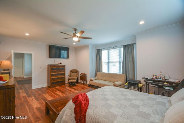 bedroom with recessed lighting, baseboards, wood finished floors, and ornamental molding