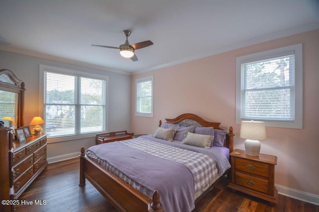 bedroom with baseboards, dark wood-type flooring, and crown molding