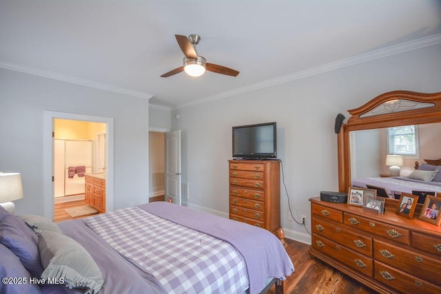 bedroom with visible vents, crown molding, ceiling fan, baseboards, and wood finished floors