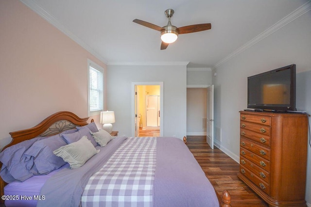 bedroom featuring visible vents, dark wood-type flooring, baseboards, ornamental molding, and a ceiling fan