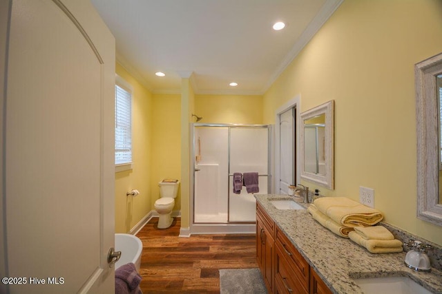 bathroom with ornamental molding, a stall shower, wood finished floors, and a sink