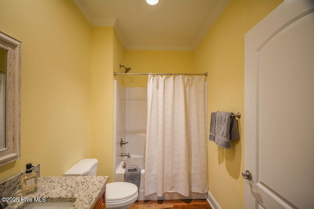 full bathroom featuring toilet, ornamental molding, vanity, and shower / bath combination with curtain