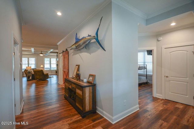 hall featuring recessed lighting, baseboards, dark wood finished floors, and crown molding