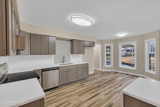 kitchen featuring backsplash, light countertops, light wood-style flooring, appliances with stainless steel finishes, and a sink