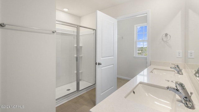 bathroom featuring double vanity, a stall shower, and a sink