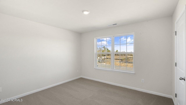 carpeted spare room with visible vents and baseboards