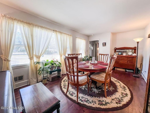 dining room featuring dark wood-type flooring and visible vents