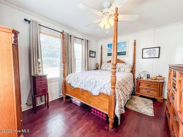 bedroom with ceiling fan, wood finished floors, and ornamental molding