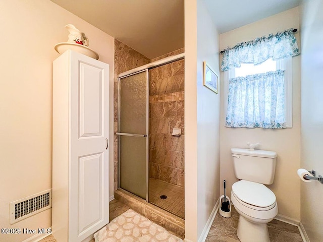 full bathroom with visible vents, a stall shower, toilet, and baseboards