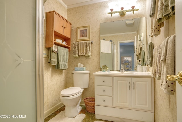 179 Sea Gull Ln, North Topsail Beach, NC 28460 - full bath featuring ornamental molding, wallpapered walls, toilet, vanity, and an enclosed shower