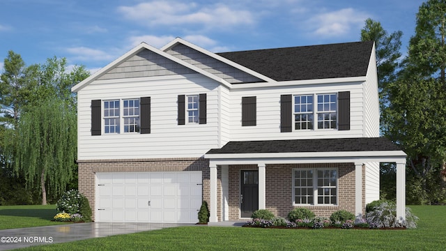 view of front of home with driveway, roof with shingles, an attached garage, a front lawn, and brick siding