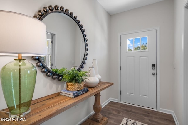 foyer entrance featuring baseboards and dark wood-type flooring