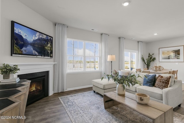 living area with wood finished floors, visible vents, baseboards, recessed lighting, and a glass covered fireplace