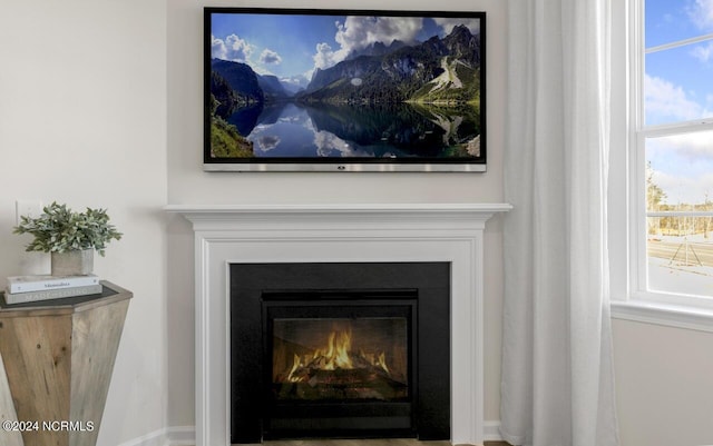 interior details with a glass covered fireplace