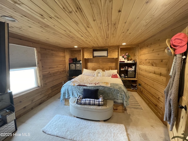 bedroom with wooden walls, recessed lighting, wood ceiling, and light colored carpet