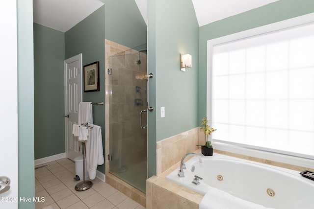 full bathroom with tile patterned floors, visible vents, a jetted tub, a shower stall, and baseboards