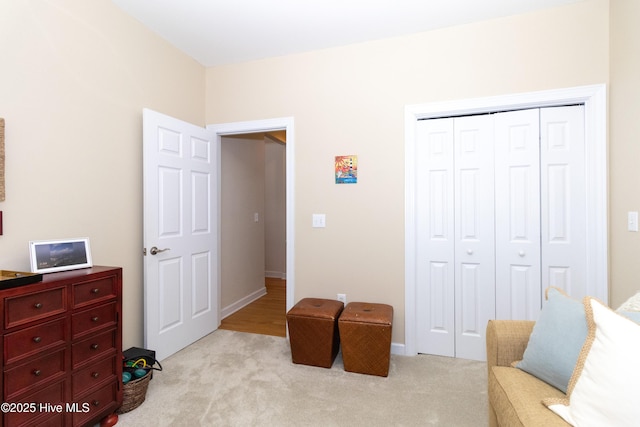 sitting room featuring light carpet