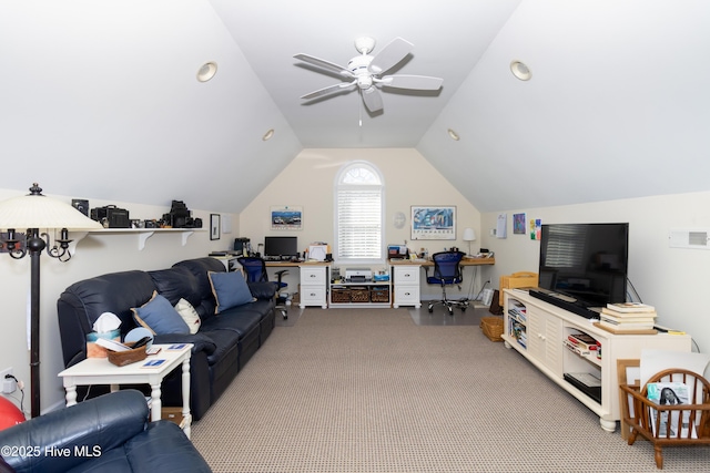 carpeted living area featuring visible vents, ceiling fan, and vaulted ceiling