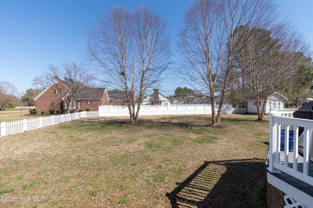 view of yard with an outdoor structure and a fenced backyard