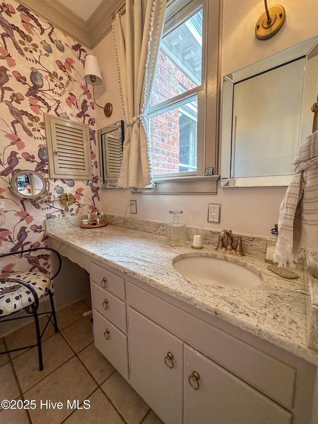 661 Main St, Swansboro, NC 28584 - bathroom featuring ornamental molding, vanity, tile patterned floors, and wallpapered walls