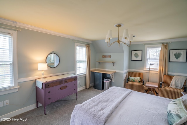 661 Main St, Swansboro, NC 28584 - bedroom featuring a chandelier, crown molding, multiple windows, and light carpet