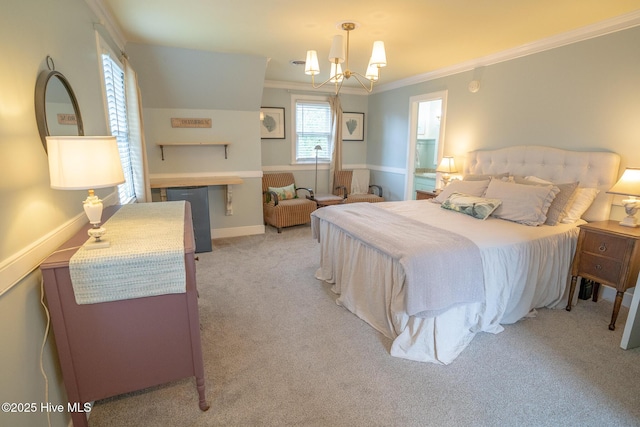 661 Main St, Swansboro, NC 28584 - bedroom featuring ornamental molding, light carpet, a chandelier, and baseboards