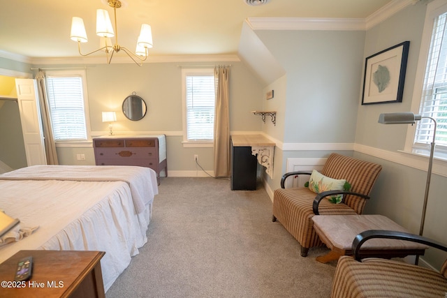 661 Main St, Swansboro, NC 28584 - carpeted bedroom featuring a chandelier, crown molding, and baseboards